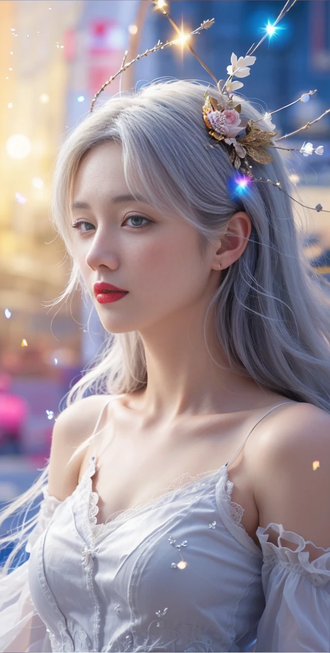 best quality, tmasterpiece,Ultra-high resolution,Clear face,（Reality：1.4），ferpect lighting，(upper body shot), (photorealistic:1.50), anime wallpaper, Guviz style artwork, cover-up fantasy up to magic , by Yang J, Guviz, beautiful artwork illustration, beautiful digital artwork, beautiful digital illustration, Li Song, beautiful anime portrait, art style in Beauvot, Lips wear thick red lipstick,(smille 1:1)