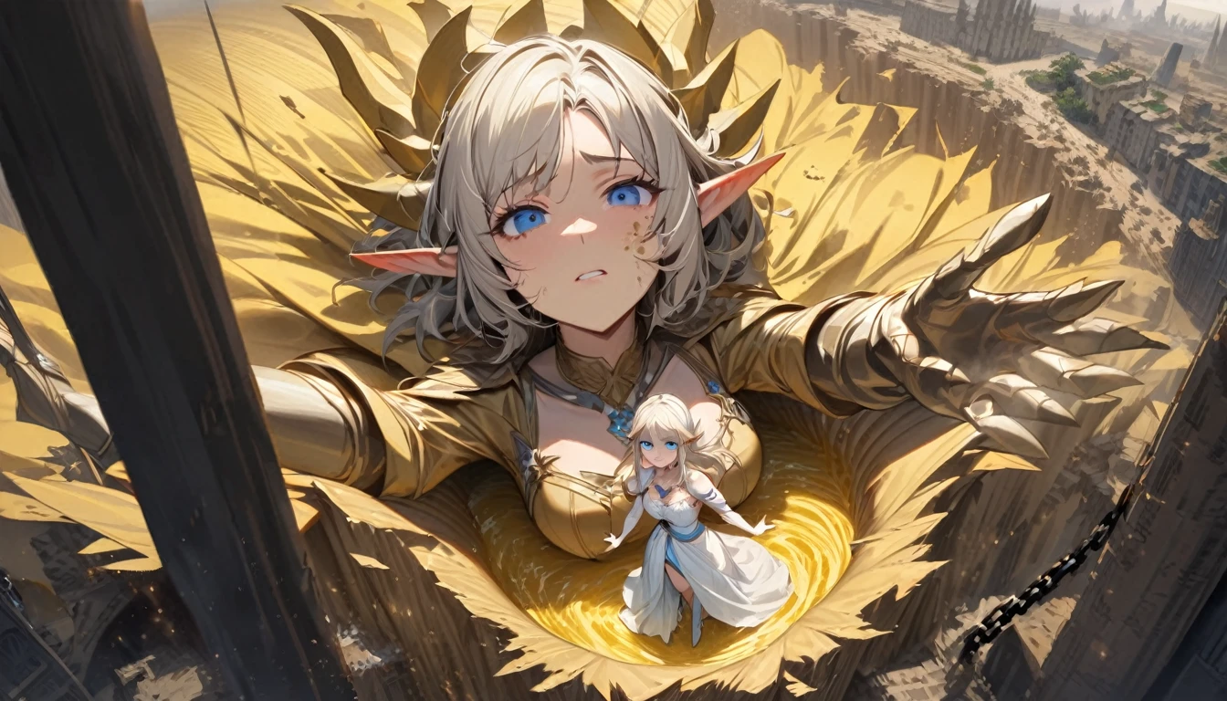 Noble Elf, Blue eyes, platinum blonde hair, Noble dress, Beautiful face, Young woman, Chained, falling from a great height into a whirlpool of yellow sand, reaching out to me, destroyed city in a whirlwind, Elf king statue and huge tree, dust on her face, sad eyes, I want to say something, high quality, beautiful picture, masterclass!