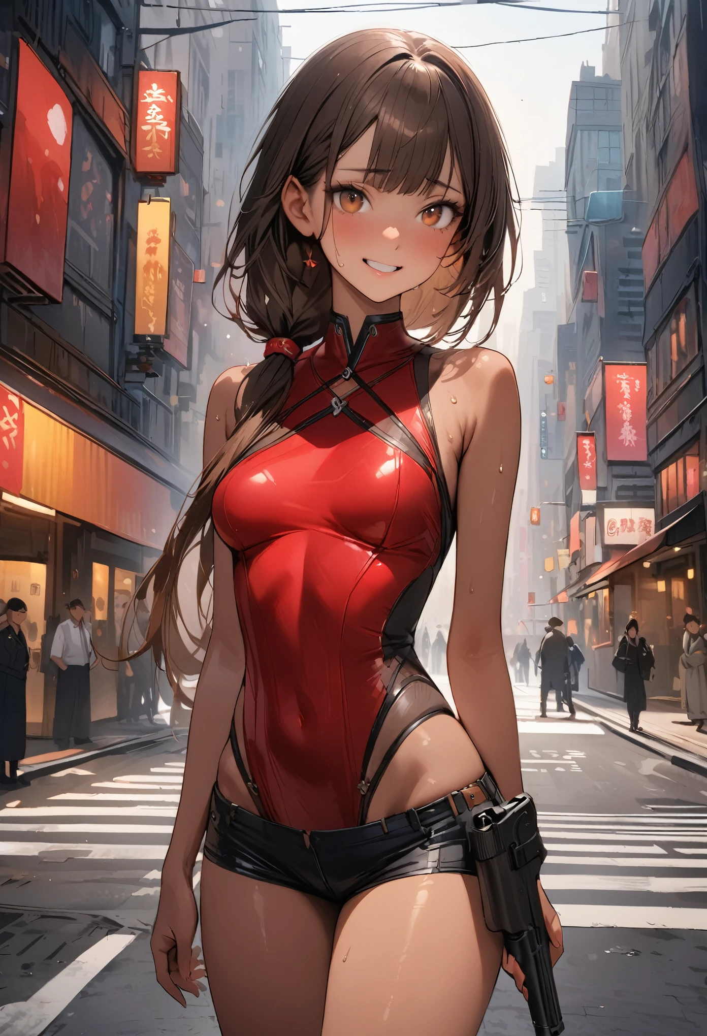 ((masterpiece,Highest quality:1.3,best quality illustration)),realistic,cowboy shot,独奏,1woman,(25 year old beauty),dark brown hair,long hair,bangs,brown eyes,(gorgeous big eyes),((very small head:1.3)),shy,smile,((very long body:1.2,skinny)),(tan skin),medium breasts,Leather rider jacket、Micro Shorts、Leg Holster、Pistol,sweat,gleaming skin,slender body,standing,on street,neon、New York City、