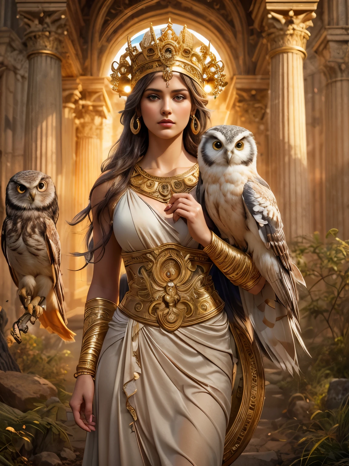a beautiful greek goddess athena, long flowing hair, piercing intelligent eyes, elegant goddess dress, carrying an owl on her shoulder, a golden olive branch in her hand, magnificent temple background, highly detailed digital art, photorealistic, cinematic lighting, dramatic colors, masterpiece