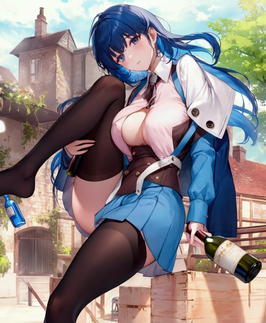 Anime girl with blue hair and black stockings holds a wine bottle., Kuchart Krenz Key Art Feminine, anime moe art style, Charming anime girl, A very detailed RTM pathogen., Trending on artstation pixiv, Pixieve 3dcg, Highest rating on pixiv, Best konachan anime wallpaper 4k, (NRF) safe for work