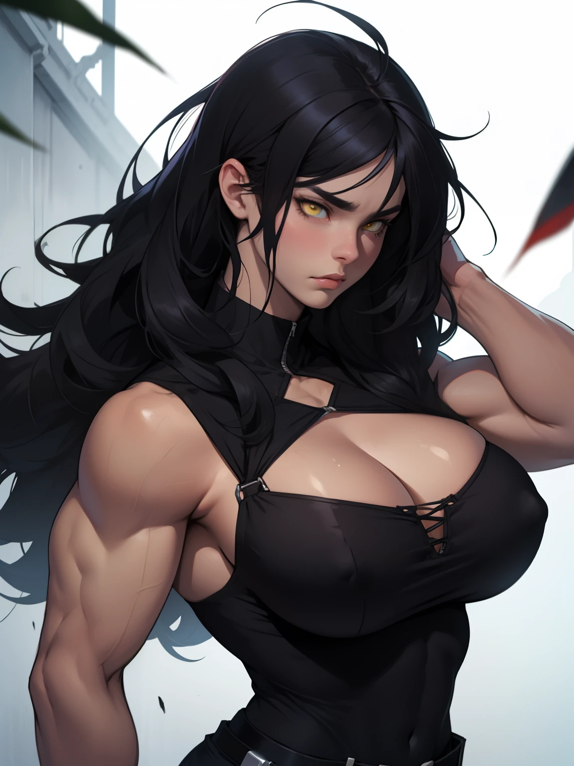 hair flaps massive hair long hair black hair onyx pale skin yellow eyes huge muscles huge breasts sad sad angry sad girl