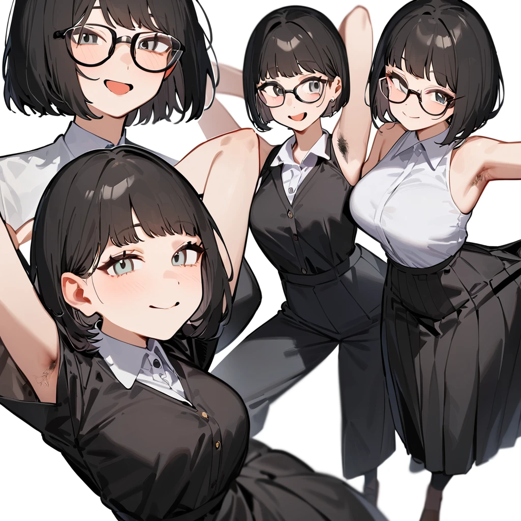 masterpiece, Highest quality, so beautiful, Absurd,
（The subject is one girl, ,Black Hair, Bobcut,Thermont 16A, Glasses, ）
（Collared shirt, Flared long skirt、Smiling and sticking out tongue、Armpit Hair、Hair growing under the arms、She is raising her arms to show her armpits to the camera、View your viewers, ）White Background, Simple Background,The subject&#39;s entire body is captured、NSFW、
 