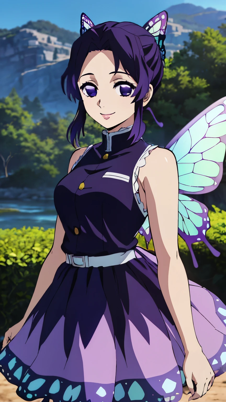 (Top Quality, 8K, High Resolution, Masterpiece: 1.2), Anime, Shinobu Kocho, 1 Girl,solo, Perfect Face, Perfect Eyes, Soft Expression, Medium Breasts, Purple Hair, Short Hair,large butterfly hair clip, Pretty Parted bangs, purple eyes, narrow eyes, ((fairy dress, smile, cowboy shot)), viewer appreciation,