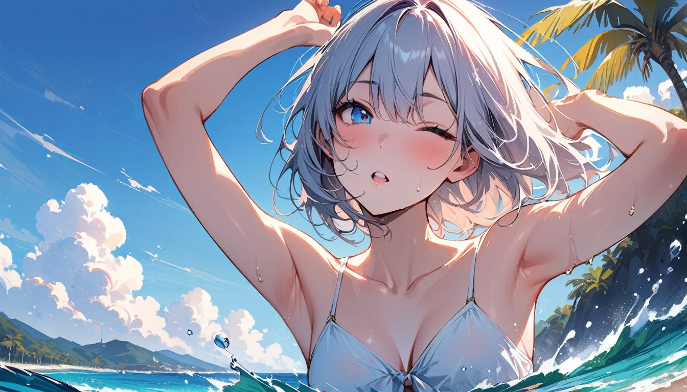 (masterpiece, Highest quality:1.2), 1 Girl, alone,Eyes open,Are you having fun,Tropical atmosphere,Ocean,playing
