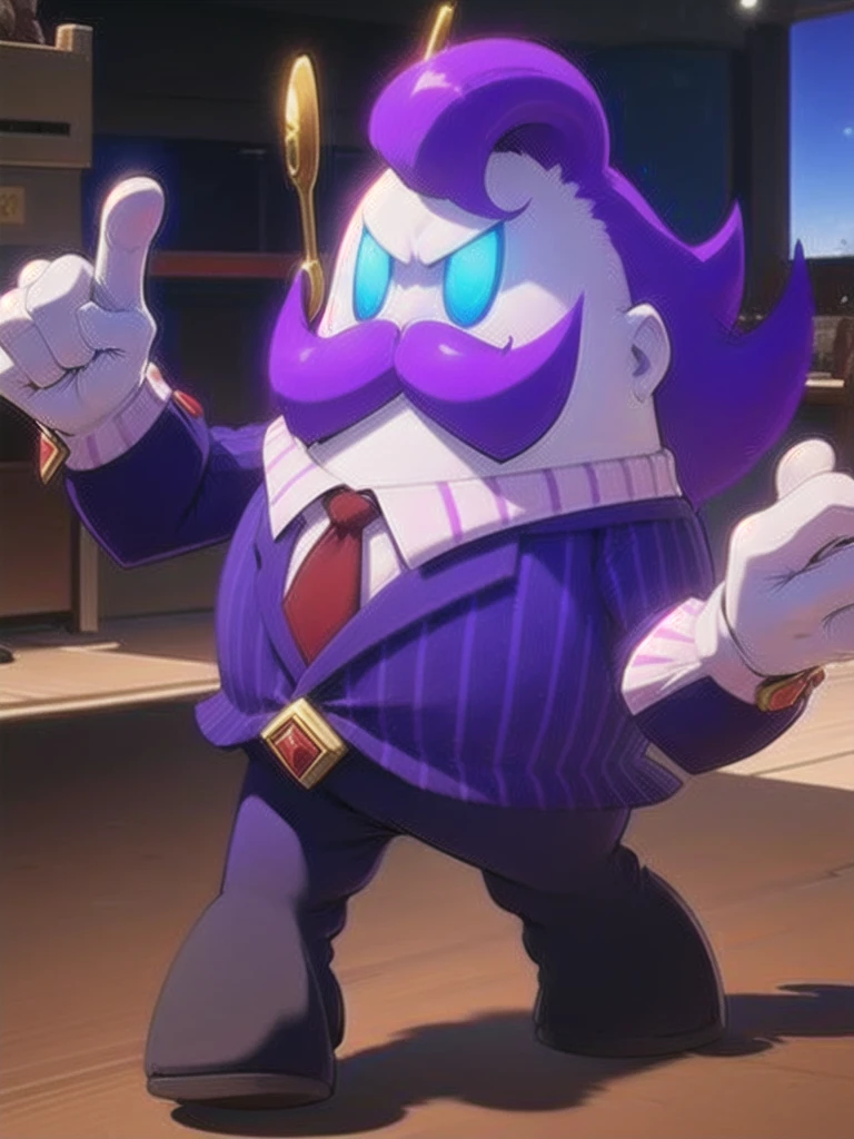  haltmann, purple hair, purple mustache, arms, wearing a dark blue suit with pink vertical lining, pink shirt, red tie, black shoes, gold suit button with a red diamond, pale purple gloves, pink cuffs, pale purple skin, blue eyes, golden earpiece with antenna