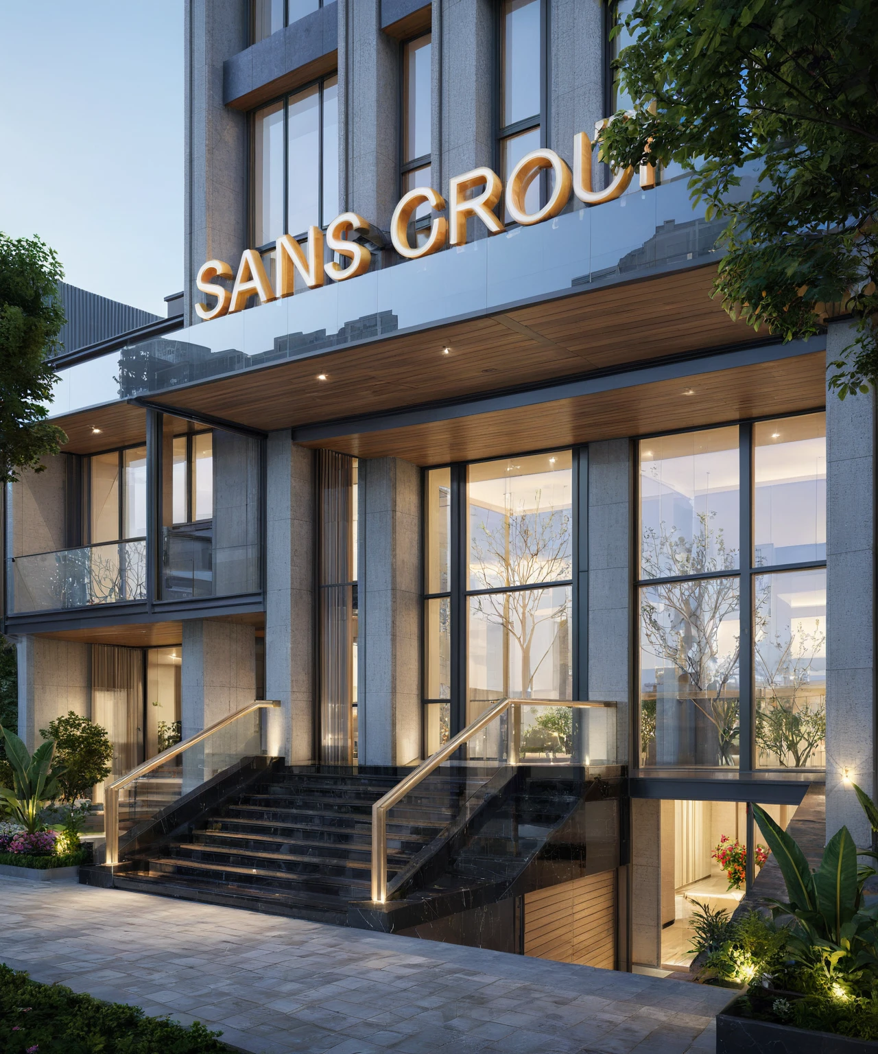 (Description of the first floor, wooden frame facade, glass ceiling, and additional black marble map, lighting steps leading up to planting flowers), High-rise single residential, streets, roads, first-floor commerce, vehicles, pedestrians, busy streets, Photorealism, masterpiece, Hyperrealistic, best quality, perspective, volumetric lighting, natural light, three-stage building, day light, movie light, (Neutral lighting is suitable for the Building, light color thermometer lighting), (architectural design visualization), (reflection), (focus on object), (material normal bump real reflection), (scattered light), (light ray), (multi-beam light), (sunbeam) (multi-level reflection), (chao vantage software visualization render)