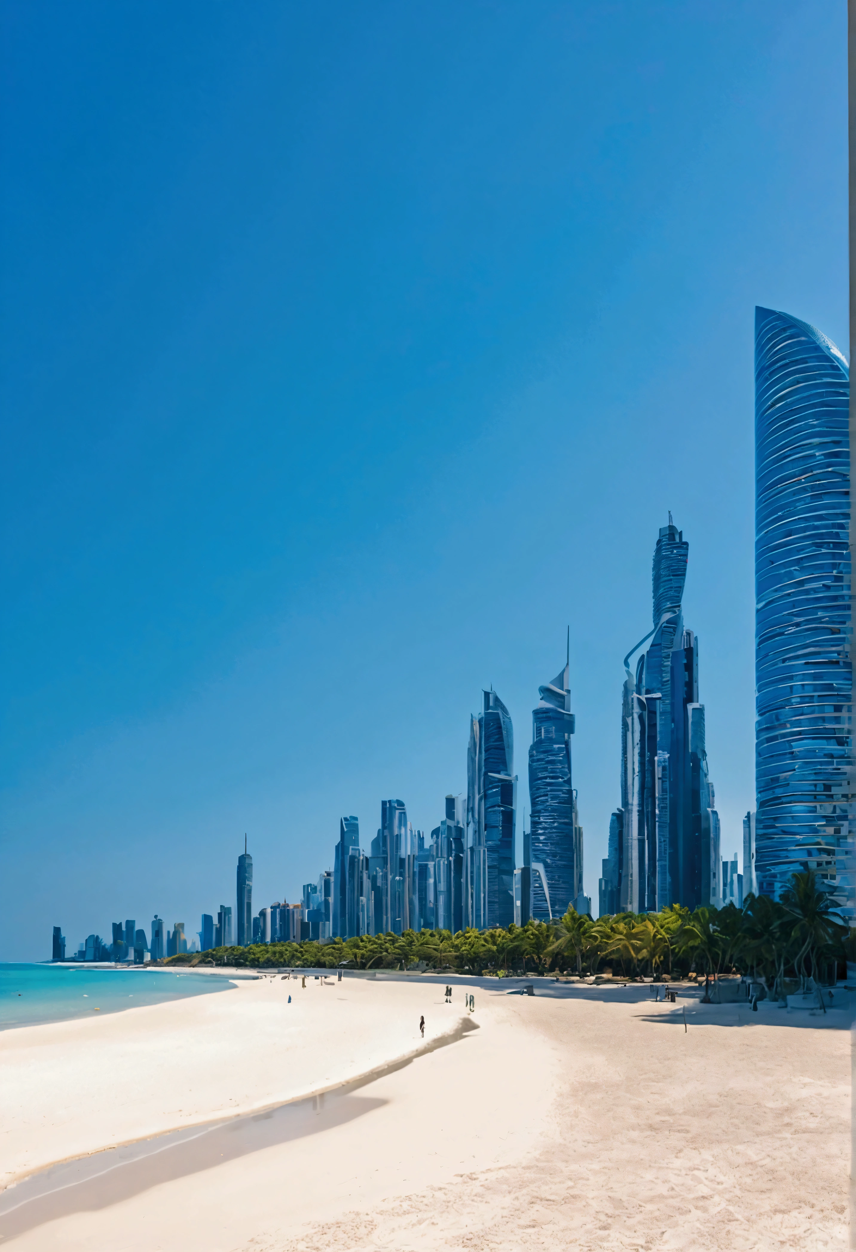 Beach in a futuristic city with a clear blue sky
