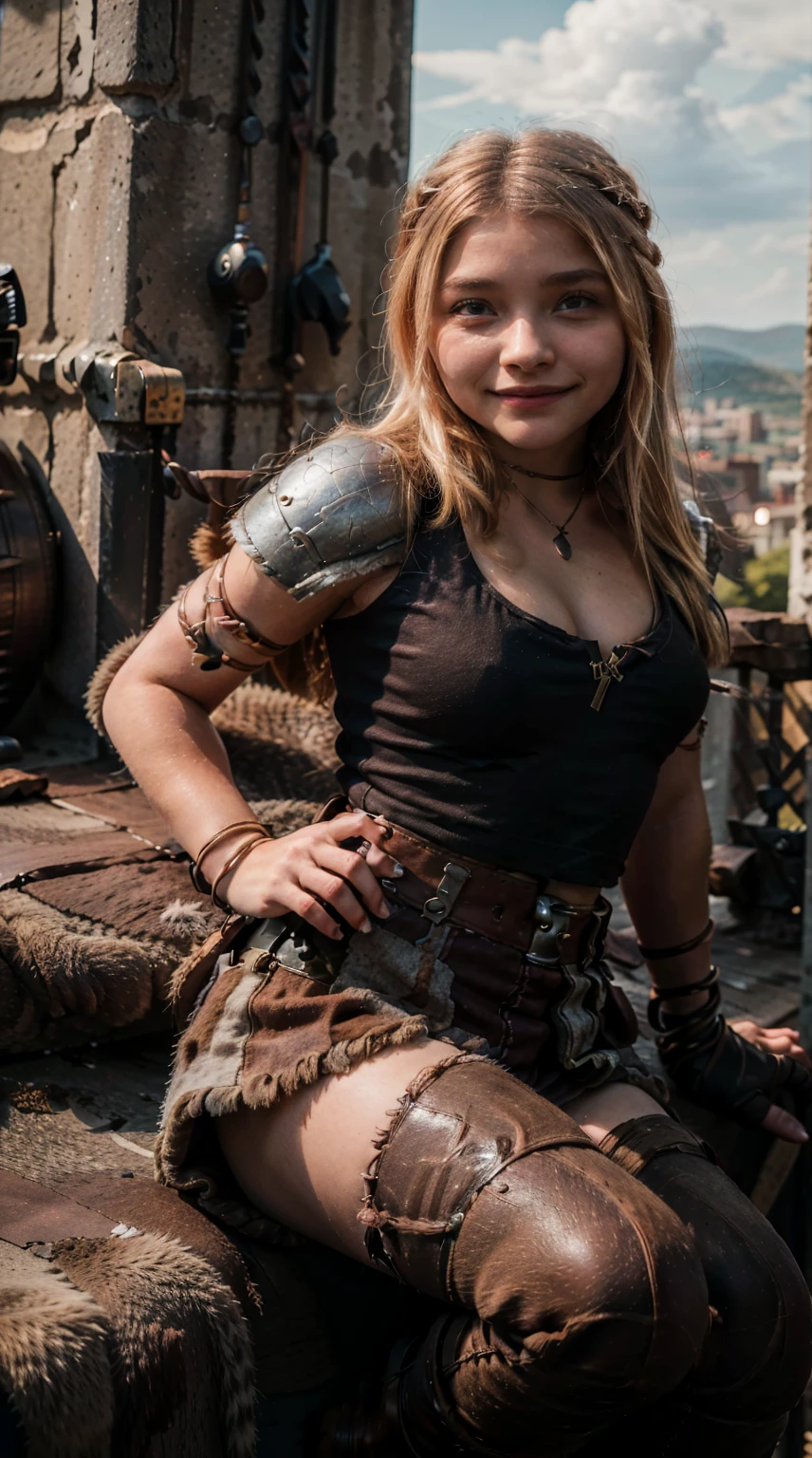 Masterpiece, Best quality,, (photorealistic1.4), (UHD), (epiCRealLife), (flashphoto), (astrid_hofferson headband),  (photorealistic1.4), (cleavage), (medium breasts), (red tank top) (Chloe Grace Moretz), (chl03gm), (Astrid Hofferson armor  Costume), (astrid_Character outfit), (Astrid Armor) (AstridWaifu), ( (Medieval outdoor), (castle landscape), (night time), (on castle rooftop), , Chloe Grace Moretz smile)