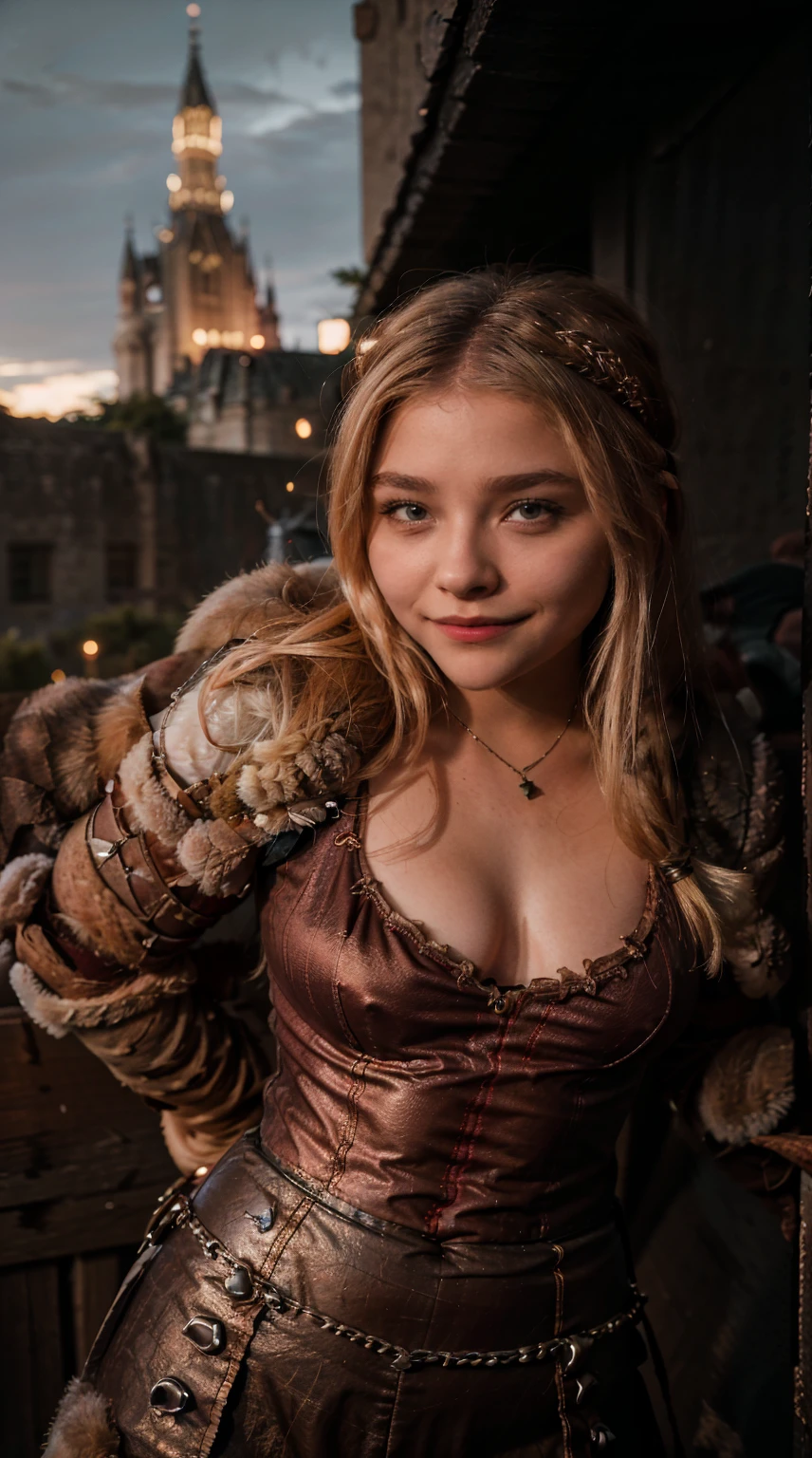 Masterpiece, Best quality,, (photorealistic1.4), (UHD), (epiCRealLife), (flashphoto), (astrid_hofferson headband),  (photorealistic1.4), (cleavage), (medium breasts), (red tank top) (Chloe Grace Moretz), (chl03gm), (Astrid Hofferson armor  Costume), (astrid_Character outfit), (Astrid Armor) (AstridWaifu), ( (Medieval outdoor), (castle landscape), (night time), (on castle rooftop), , Chloe Grace Moretz smile)