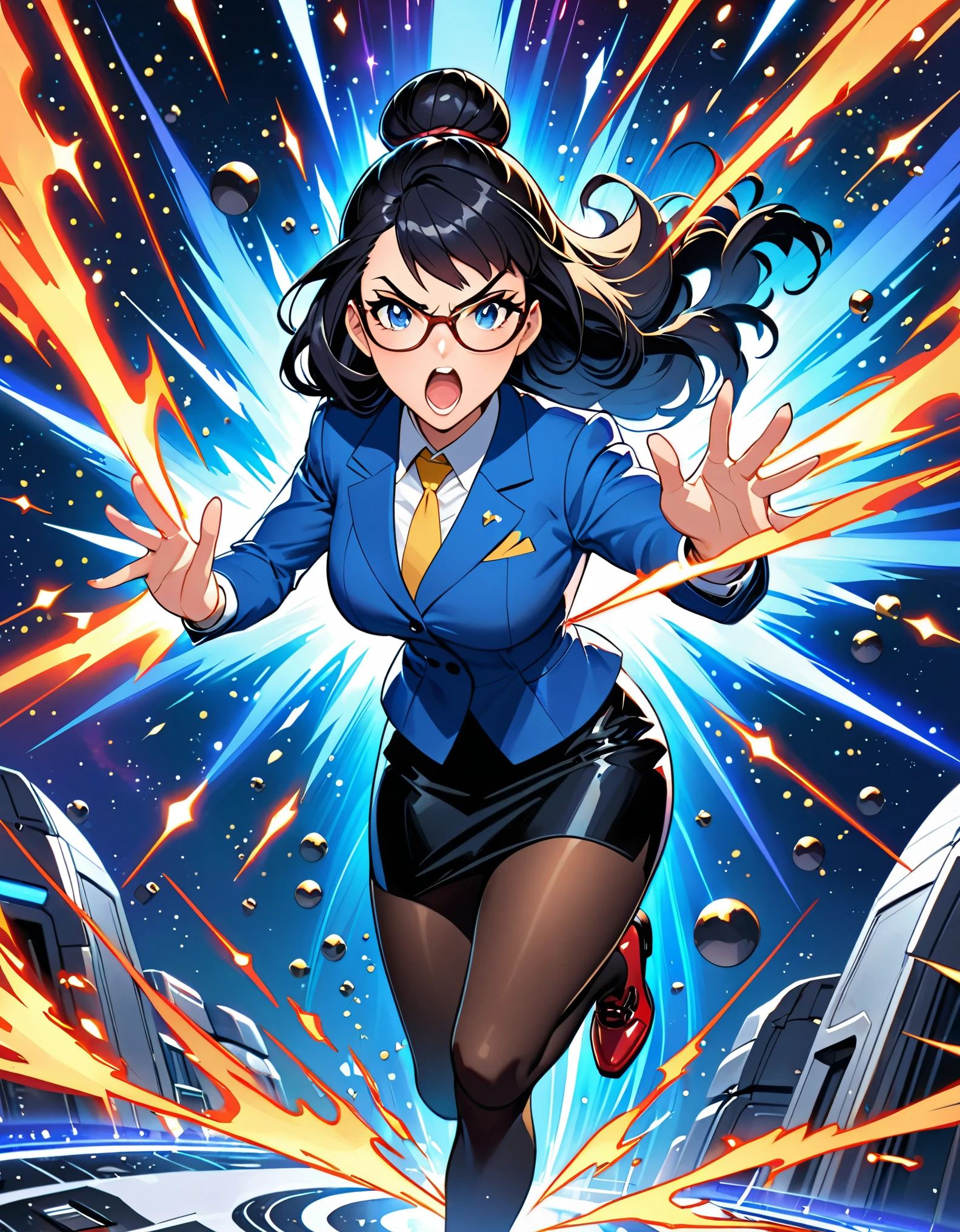 anime girl in a blue suit standing in space with legs together, extremely detailed artgerm, style artgerm, style ivan talavera and artgerm, krenz cushart and artgerm, range murata and artgerm, artgerm style, in the style artgerm, ig model | artgerm, artgerm detailed, black hair, long hair, medium hair, blue eyes, solo, solo focus, hair bun, glasses teacher, pencil skirt, full black pantyhose, matching shoes, energy pulse, aura in her body, power surge, angry, open mouth, diffraction spikes, light particles