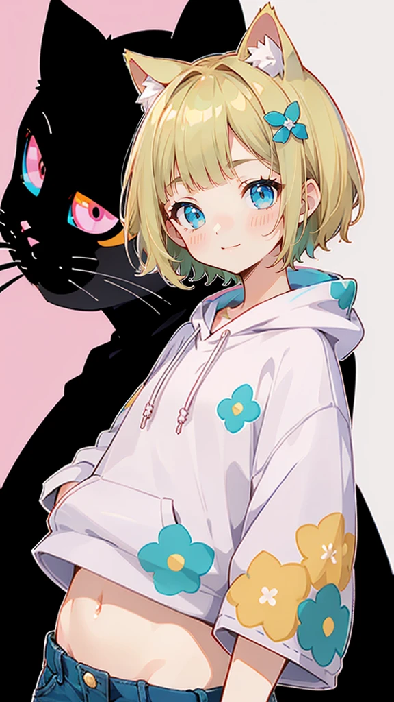 Short sleeve、Denim shorts、Belly button、Blonde Hair、ピンク色のShort sleeveパーカー、大きなFlower Hair Ornaments、Belly button、An unprecedented number of draws、Flower Hair Ornaments、Floral Hair Accessories、Blonde、Cat ear、ピンク色のShort sleeveパーカー、high quality、Colorful color palette、high resolution、pretty girl、 Pink hoodie、An unprecedented number of draws、Anime Style、Geometric background、Sticker Style、short hair、Blonde、Turquoise Eyes, Messy Hair, Pink hoodie、髪と同じ色のCat ear、front, Hands posing, Until death, Bondage, Baggy clothes