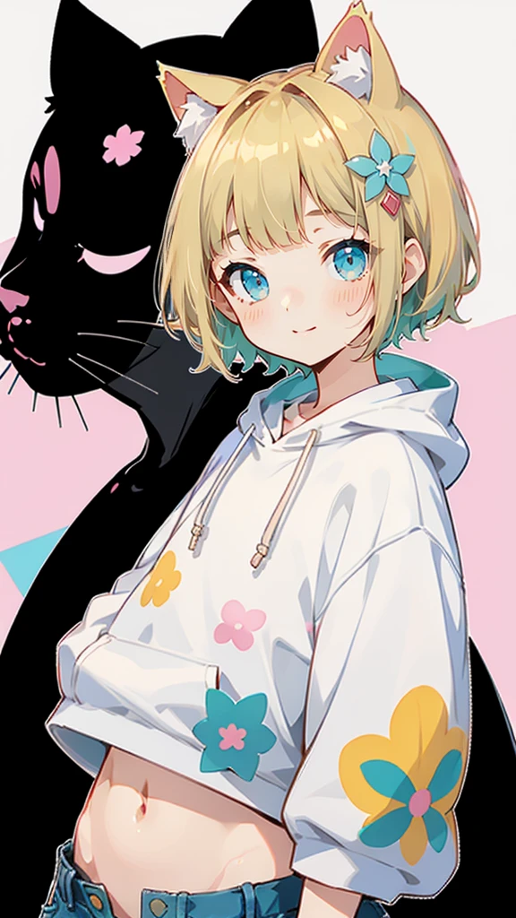Short sleeve、Denim shorts、Belly button、Blonde Hair、ピンク色のShort sleeveパーカー、大きなFlower Hair Ornaments、Belly button、An unprecedented number of draws、Flower Hair Ornaments、Floral Hair Accessories、Blonde、Cat ear、ピンク色のShort sleeveパーカー、high quality、Colorful color palette、high resolution、pretty girl、 Pink hoodie、An unprecedented number of draws、Anime Style、Geometric background、Sticker Style、short hair、Blonde、Turquoise Eyes, Messy Hair, Pink hoodie、髪と同じ色のCat ear、front, Hands posing, Until death, Bondage, Baggy clothes