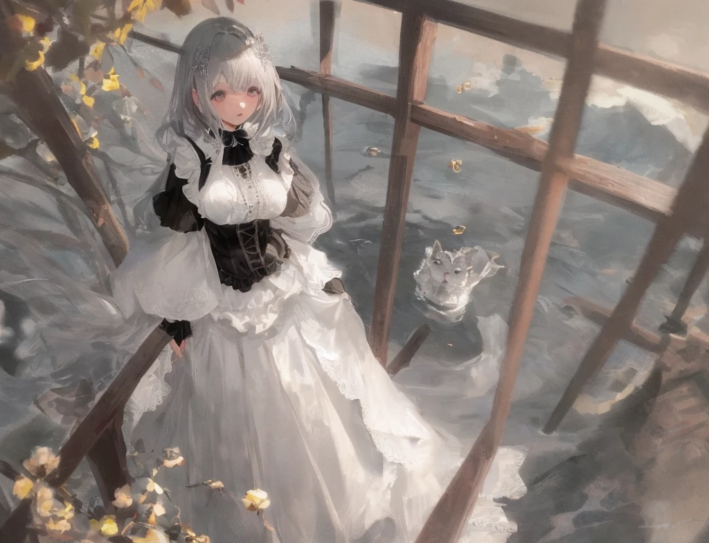 天気雨のなかのGray Hairの可愛いbeautiful girl、(Beautifully detailed eyes and face、masterpieceのサイドライティング、masterpiece、Highest quality、Detailed high resolution illustrations)、(1 girl、whole body、Gray Hair、beautiful girl、Shiny skin、Look down、Watching the viewer)