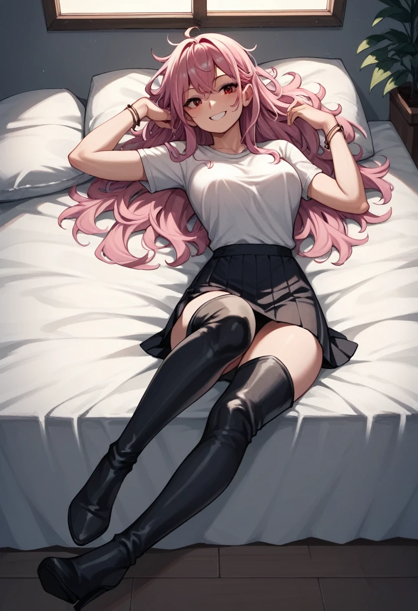score_9, score_8_up, score_7_up, score_6_up, score_5_up, score_4_up, source_anime, 1girl, to call to yourself, bed, she was lying down, pink hair, long hair, red eyes, smile, messy hair, white shirt, bracelets, skirts, black thigh high boots, heels, room, night, windows, best quality, best res, 4K UHD,