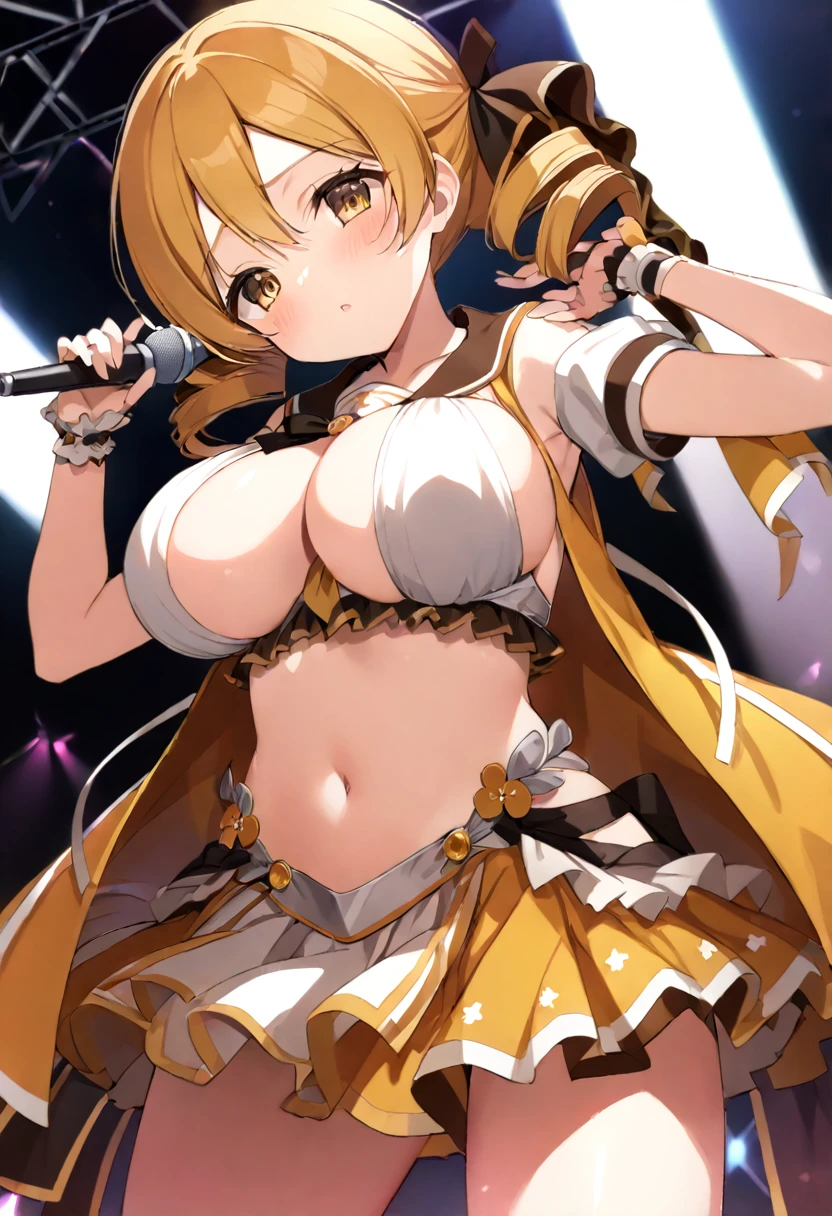 mami tomoe, blonde hair, Twin drill hair, yellow eyes, , 1girl ,live stage, Big Breasts,　school uniform solo face up