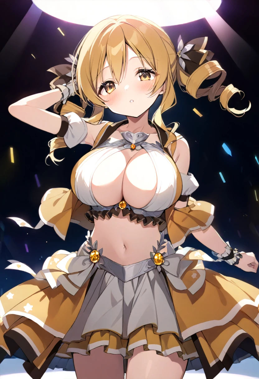 mami tomoe, blonde hair, Twin drill hair, yellow eyes, , 1girl ,live stage, Big Breasts,　school uniform solo face up