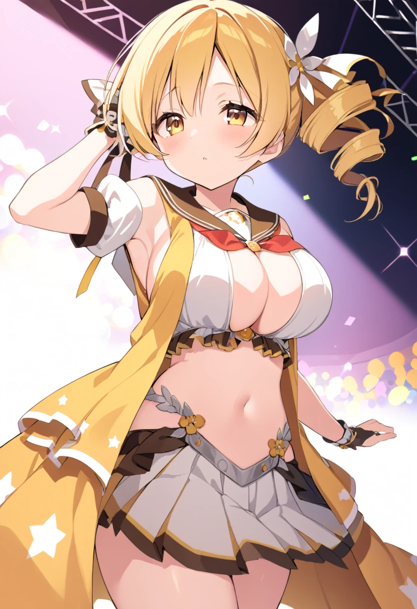 mami tomoe, blonde hair, Twin drill hair, yellow eyes, , 1girl ,live stage, Big Breasts,　school uniform solo face up