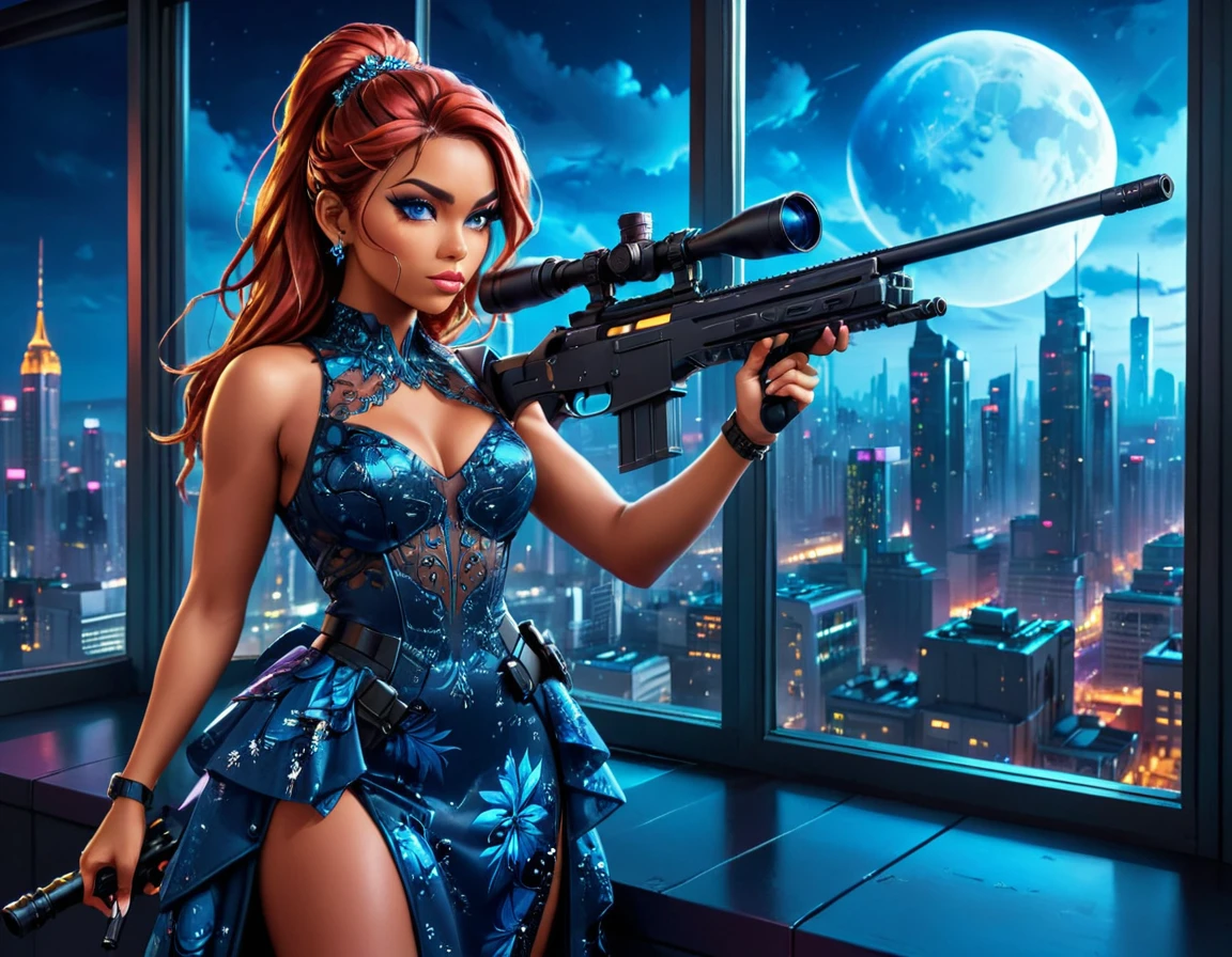 a portrait picture of a 1single woman sniper, standing in a window aiming a sniper rifle, an exotic beautiful woman sniper, red hair, braided hair, (black skin: 1.3), full body shop, intense blue eyes, wearing intricate glasses ultra detailed face, wearing (intricate evening dress: 1.5), elegant dress, dynamic color, dynamic style, wearing elegant stiletto heels , behind a window in a tall building at nigh, aiming a Light Sniper Rifle , cyberpunk city background, its night time, moon rays, some clouds,  (full body shot: 1.1) , vibrant, Ultra-high resolution, High Contrast, (masterpiece:1.5), highest quality, Best aesthetics), best details, best quality, highres, ultra wide angle, 16k, [ultra detailed], masterpiece, best quality, (extremely detailed) Sniper Rifle, evening dress
