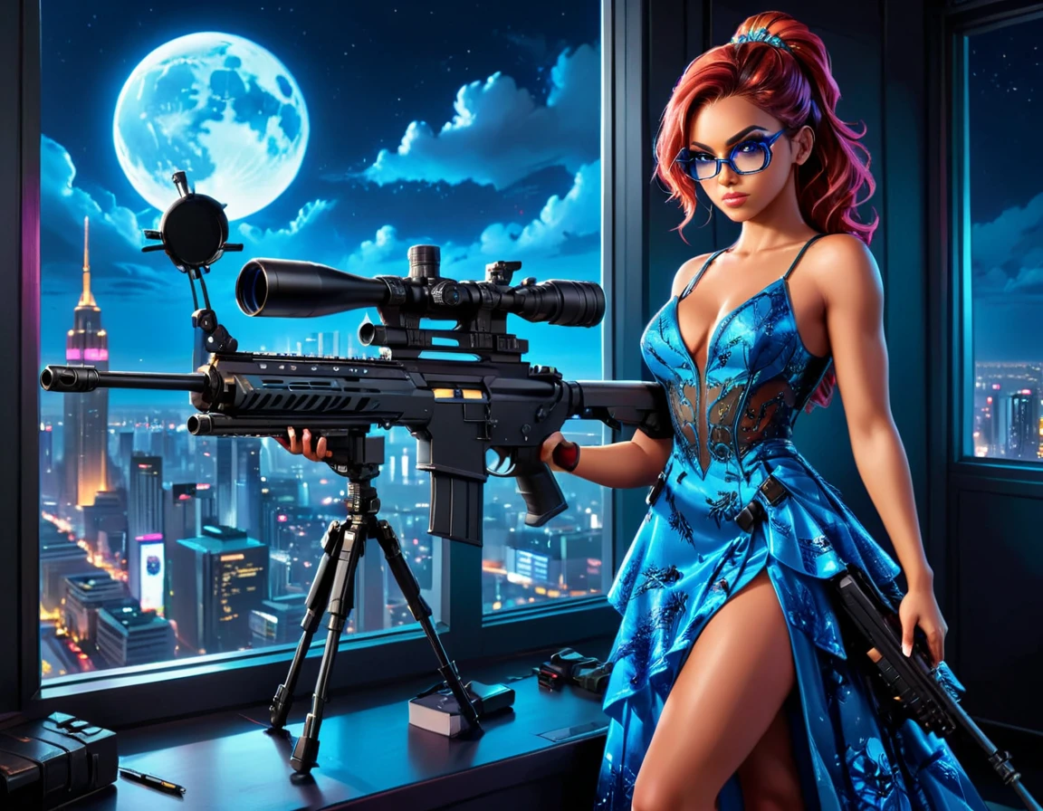 a portrait picture of a 1single woman sniper, standing in a window aiming a sniper rifle, an exotic beautiful woman sniper, red hair, braided hair, (black skin: 1.3), full body shop, intense blue eyes, wearing intricate glasses ultra detailed face, wearing (intricate evening dress: 1.5), elegant dress, dynamic color, dynamic style, wearing elegant stiletto heels , behind a window in a tall building at nigh, aiming a Light Sniper Rifle , cyberpunk city background, its night time, moon rays, some clouds,  (full body shot: 1.1) , vibrant, Ultra-high resolution, High Contrast, (masterpiece:1.5), highest quality, Best aesthetics), best details, best quality, highres, ultra wide angle, 16k, [ultra detailed], masterpiece, best quality, (extremely detailed) Sniper Rifle, evening dress
