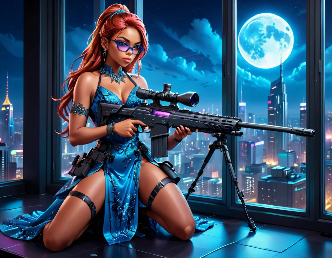 a portrait picture of a 1single woman sniper, standing in a window aiming a sniper rifle, an exotic beautiful woman sniper, red hair, braided hair, (black skin: 1.3), full body shop, intense blue eyes, wearing intricate glasses ultra detailed face, wearing (intricate evening dress: 1.5), elegant dress, dynamic color, dynamic style, wearing elegant stiletto heels , behind a window in a tall building at nigh, aiming a Light Sniper Rifle , cyberpunk city background, its night time, moon rays, some clouds,  (full body shot: 1.1) , vibrant, Ultra-high resolution, High Contrast, (masterpiece:1.5), highest quality, Best aesthetics), best details, best quality, highres, ultra wide angle, 16k, [ultra detailed], masterpiece, best quality, (extremely detailed) Sniper Rifle, evening dress
