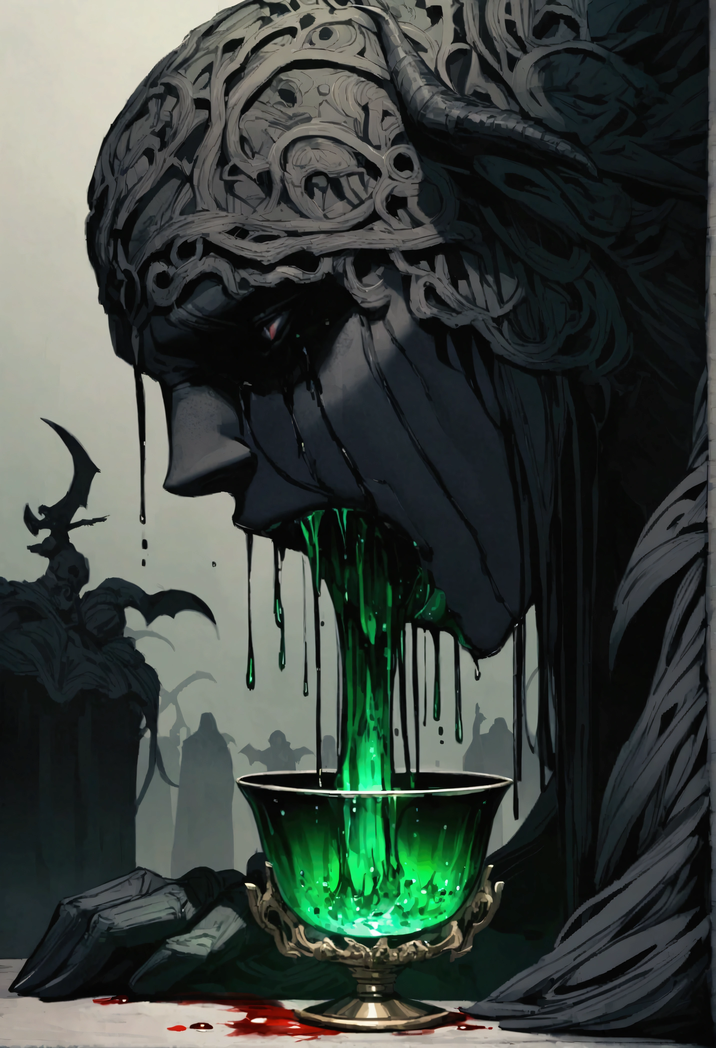 (blood sacrifice), distant profile, emerald cup, (black demon),vomiting blood into the cup
