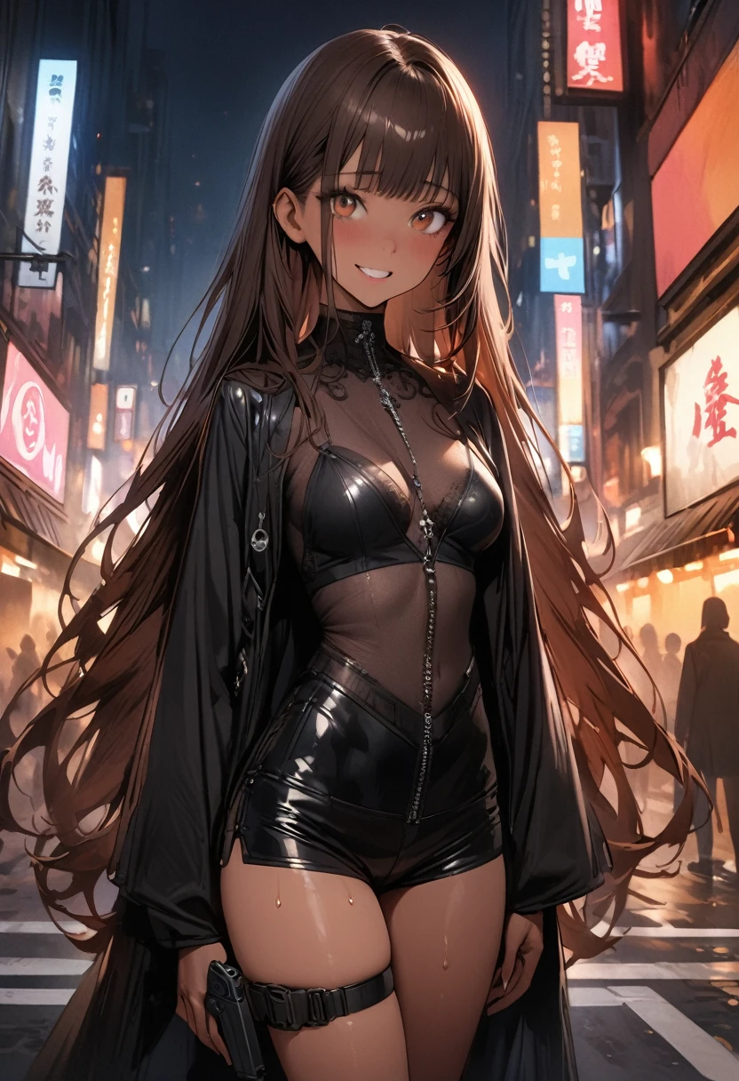 ((masterpiece,Highest quality:1.3,best quality illustration)),realistic,cowboy shot,独奏,1woman,(25 year old beauty),dark brown hair,long hair,bangs,brown eyes,(gorgeous big eyes),((very small head:1.3)),shy,smile,((very long body:1.2,skinny)),(tan skin),medium breasts,Black Leather Coat、Black leather micro shorts、Leg Holster、Pistol,sweat,gleaming skin,slender body,standing,on street,neon、New York City、