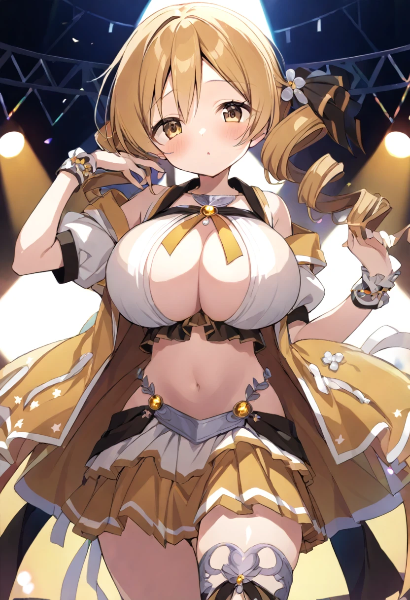 mami tomoe, blonde hair, Twin drill hair, yellow eyes, , 1girl ,live stage, Big Breasts,　school uniform solo face up