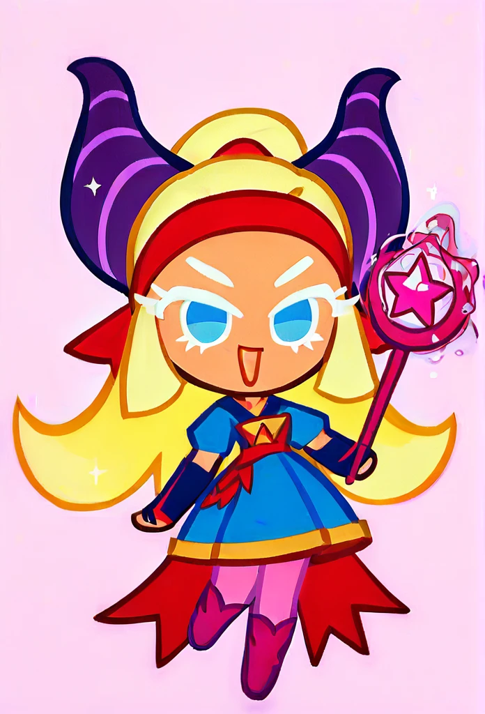 chibi, full body, CookieRun, 1girl, yellow hair, long hair, blue eyes, red headband with horns, blue dress, pink tights, purple boots, magic wand in hands