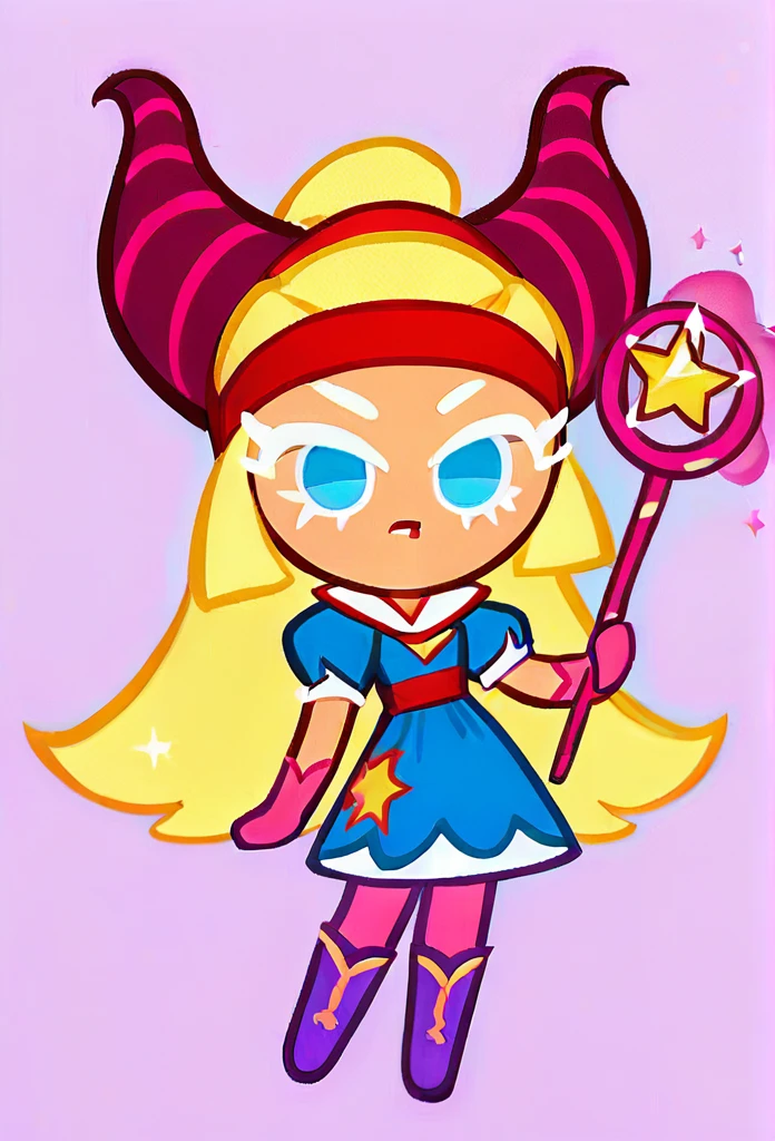 chibi, full body, CookieRun, 1girl, yellow hair, long hair, blue eyes, red headband with horns, blue dress, pink tights, purple boots, magic wand in hands