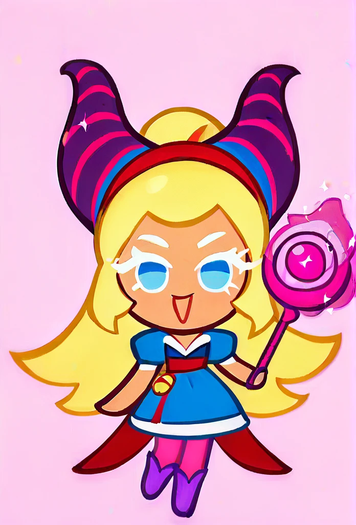 chibi, full body, CookieRun, 1girl, yellow hair, long hair, blue eyes, red headband with horns, blue dress, pink tights, purple boots, magic wand in hands