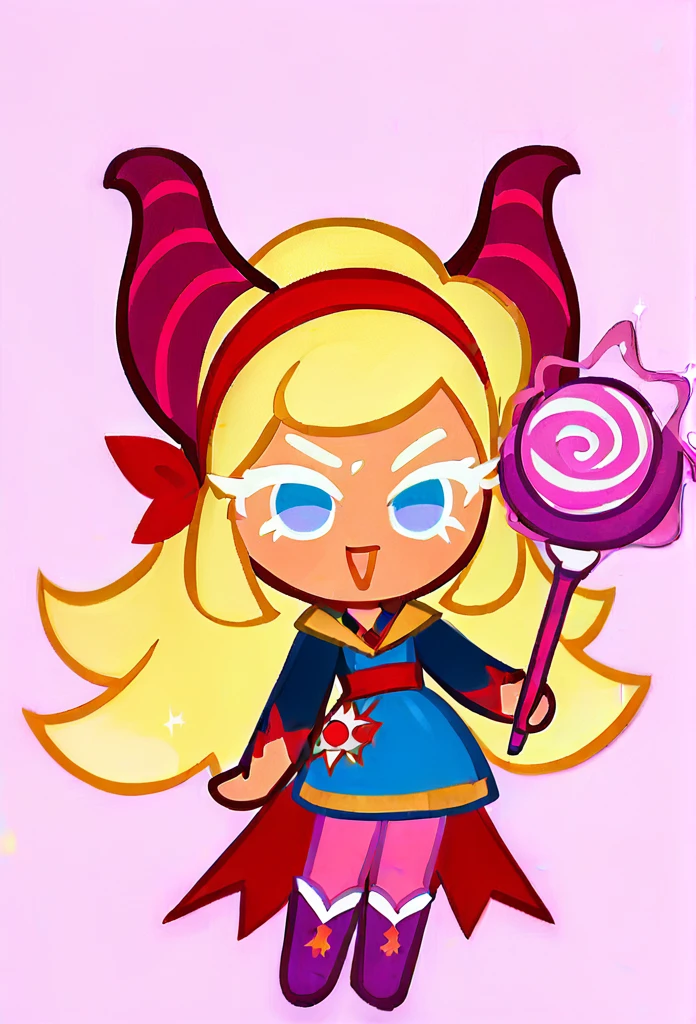 chibi, full body, CookieRun, 1girl, yellow hair, long hair, blue eyes, red headband with horns, blue dress, pink tights, purple boots, magic wand in hands