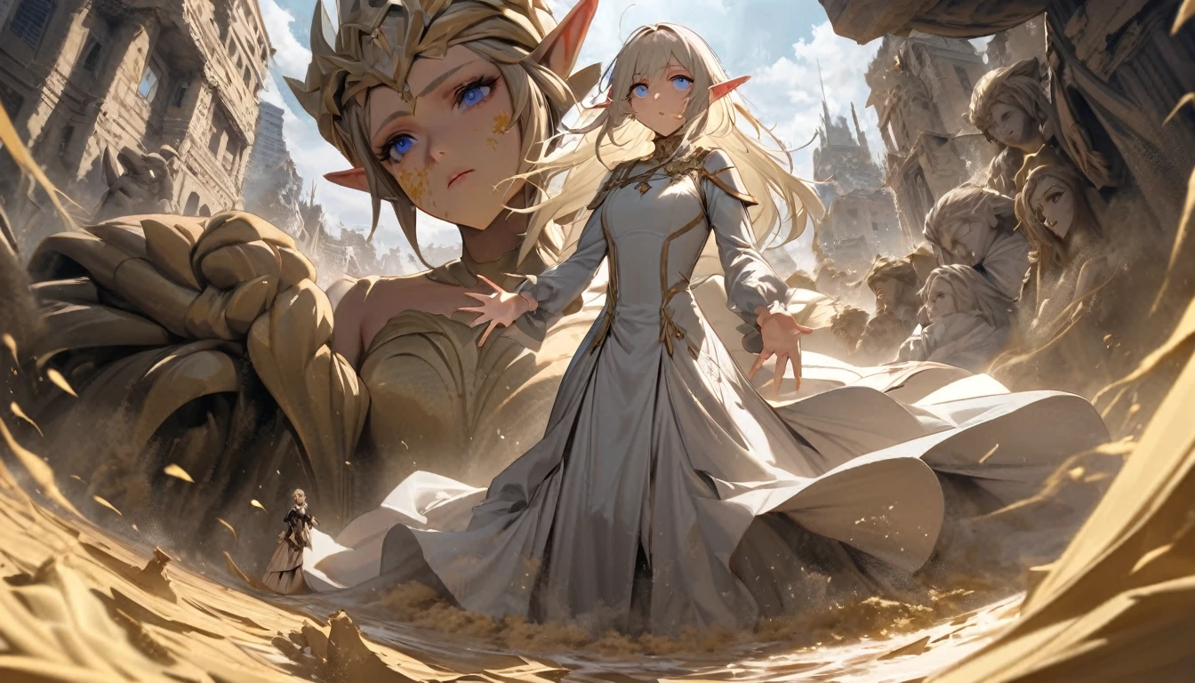 Noble Elf, Blue eyes, platinum blonde hair, Noble dress, Beautiful face, Young woman, Chained, falling from a great height into a whirlpool of yellow sand, reaching out to me, destroyed city in a whirlwind, Elf king statue and huge tree, dust on her face, sad eyes, I want to say something, high quality, beautiful picture, masterclass!