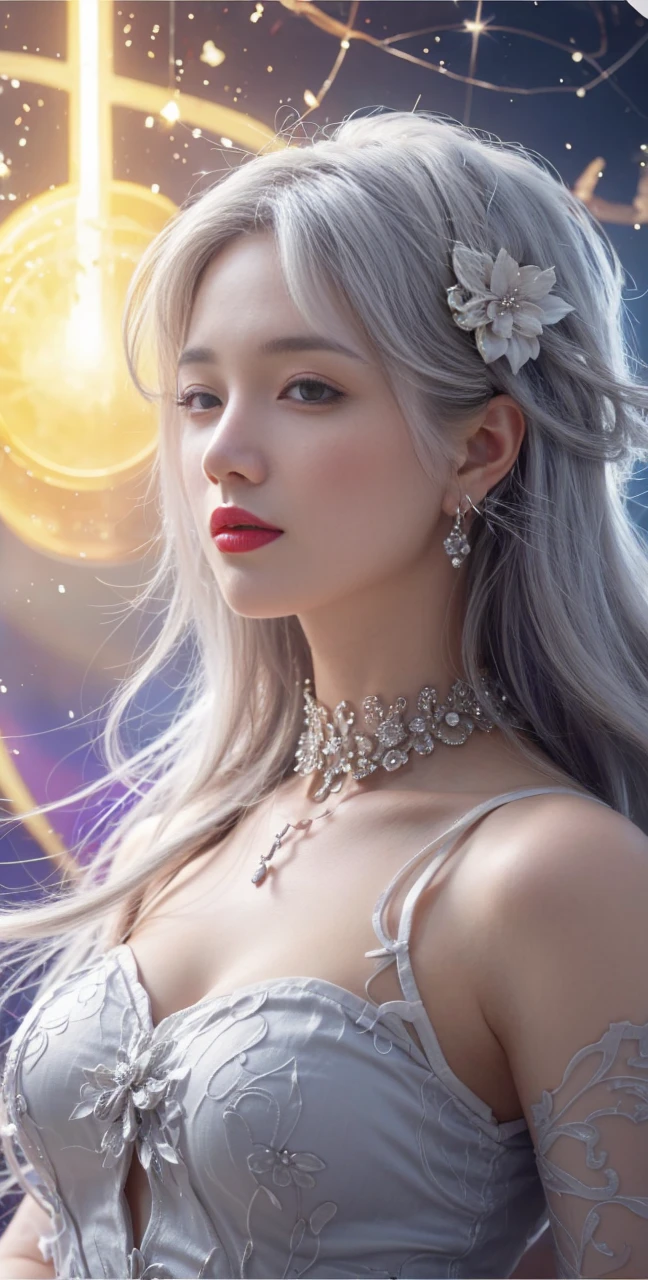 best quality, tmasterpiece,Ultra-high resolution,Clear face,（Reality：1.4），ferpect lighting，(upper body shot), (photorealistic:1.50), anime wallpaper, Guviz style artwork, cover-up fantasy up to magic , by Yang J, Guviz, beautiful artwork illustration, beautiful digital artwork, beautiful digital illustration, Li Song, beautiful anime portrait, art style in Beauvot, Lips wear thick red lipstick,(smille 1:1)