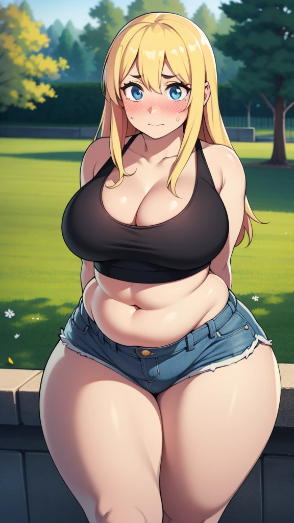 ((highres)), Masterpiece, high quality, best quality, beautiful, perfect lighting, detailed face, ultra cute face, cowboy shot, ((1girl)), ((solo)),
long hair, fluffy hair, blonde hair, blue eyes, ((blush)), embarrassed, nervous, shy, looking at viewer, arms behind back, crop top, shorts, thick thighs, (wide hips), (chubby), chubby belly, cleavage, ((large breasts)),
20 year old female, standing in a park, (park), daytime,