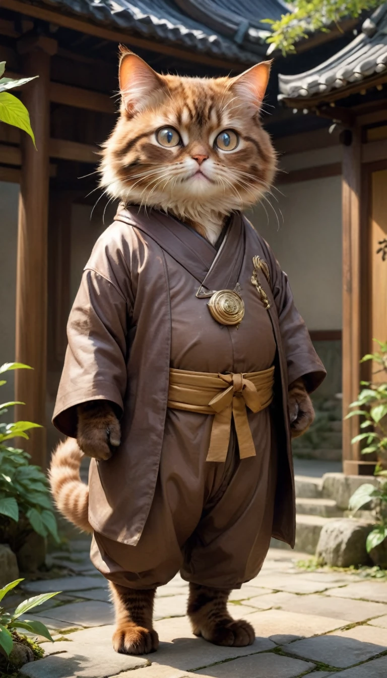 small, かわいいto be bornき物, 忍者のCostumeを着用、 whole body,small , Are standing, Costume, Old Japanese temple garden、 Fantasy art, Exquisite detail, Jean-Baptiste Monge Style, office、Alan Lee Style, Anthropomorphic, Fat, A milk chocolate colored crazy cat with big eyes, Movie Scenes, Dramatic shot angles, , Realistic, to be born々Stunning cinematic photorealism, Action Portrait, 8k, detailed, Full Frame