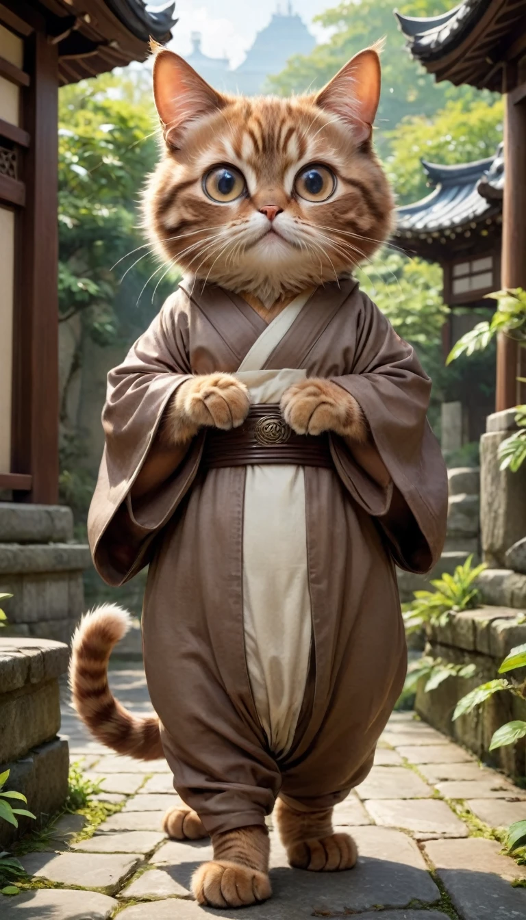 small, かわいいto be bornき物, 忍者のCostumeを着用、 whole body,small , Are standing, Costume, Old Japanese temple garden、 Fantasy art, Exquisite detail, Jean-Baptiste Monge Style, office、Alan Lee Style, Anthropomorphic, Fat, A milk chocolate colored crazy cat with big eyes, Movie Scenes, Dramatic shot angles, , Realistic, to be born々Stunning cinematic photorealism, Action Portrait, 8k, detailed, Full Frame