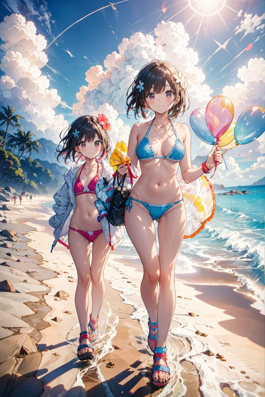 Family of 3 running At the Beach with balloons in hand, happy Sisters, people At the Beach, sunny day At the Beach, Clear sky, 写真photograph, stock, Best of Adobe Stock, Advertising Photography, At the Beach, shutter, photograph, good morning, (colorful), vacations photos, Sisters, vacations, At the Beach, sunny day,Micro Bikini,