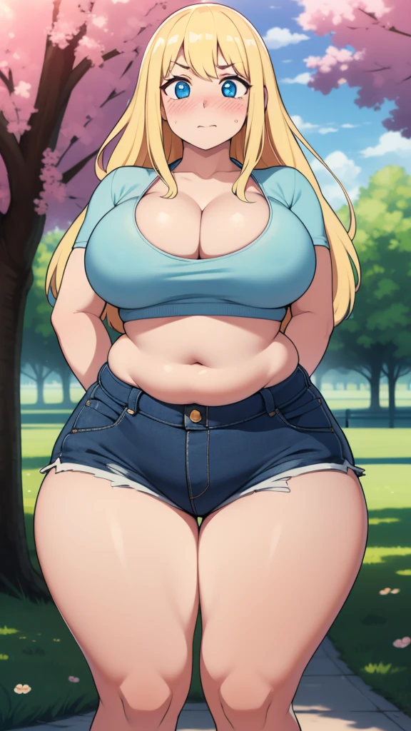 ((highres)), Masterpiece, high quality, best quality, beautiful, perfect lighting, detailed face, ultra cute face, cowboy shot, ((1girl)), ((solo)),
long hair, fluffy hair, blonde hair, blue eyes, ((blush)), embarrassed, nervous, shy, looking at viewer, arms behind back, crop top, shorts, thick thighs, (wide hips), (chubby), chubby belly, cleavage, ((large breasts)),
20 year old female, standing in a park, (park), daytime,
