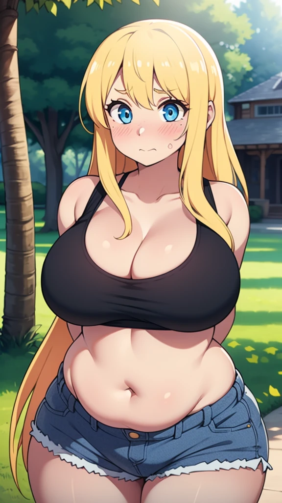 ((highres)), Masterpiece, high quality, best quality, beautiful, perfect lighting, detailed face, ultra cute face, cowboy shot, ((1girl)), ((solo)),
long hair, fluffy hair, blonde hair, blue eyes, ((blush)), embarrassed, nervous, shy, looking at viewer, arms behind back, crop top, shorts, thick thighs, (wide hips), (chubby), chubby belly, cleavage, ((large breasts)),
20 year old female, standing in a park, (park), daytime,