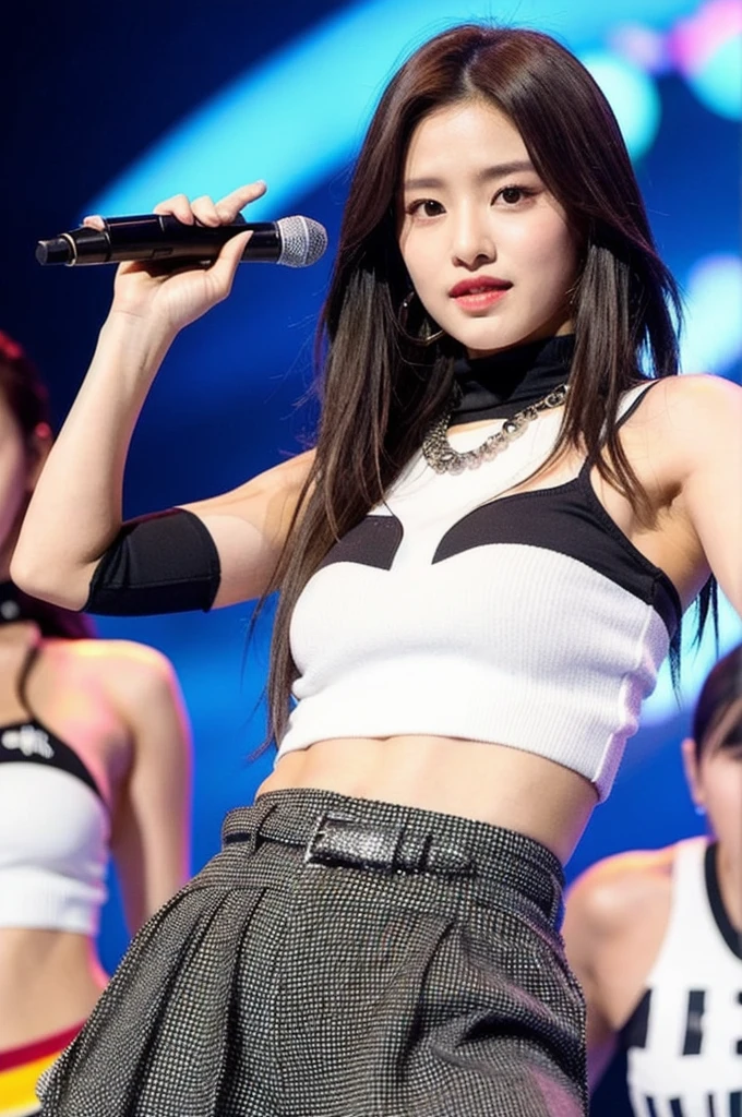The Korean girl has smooth, dark brown hair, which she mostly wears in a modern style, matching her energetic and charismatic appearance. Her eyes are big and lively, and her face has distinctive Korean features, that reflect their cultural identity. She has an average stature and exudes a strong stage presence. In terms of her style, she prefers trendy and eye-catching outfits, that underline their dynamic character and make them stand out on stage. She is 24 years old.