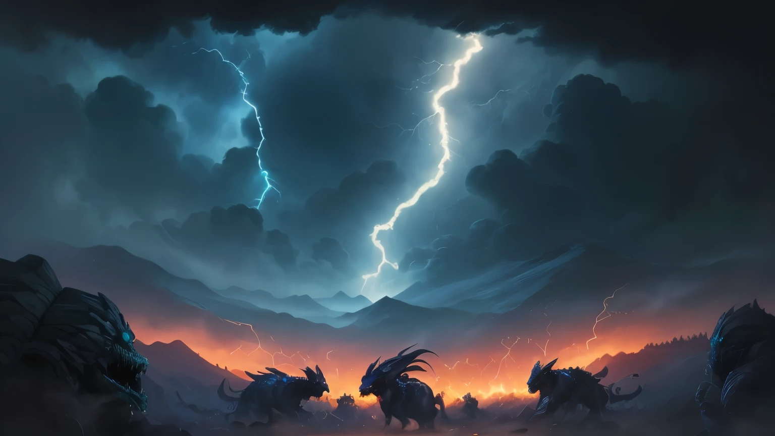 ((best quality)), ((masterpiece)), (detailed), A digital illustration of multiple monsters coming from a dark sky with lightning strikes in the background