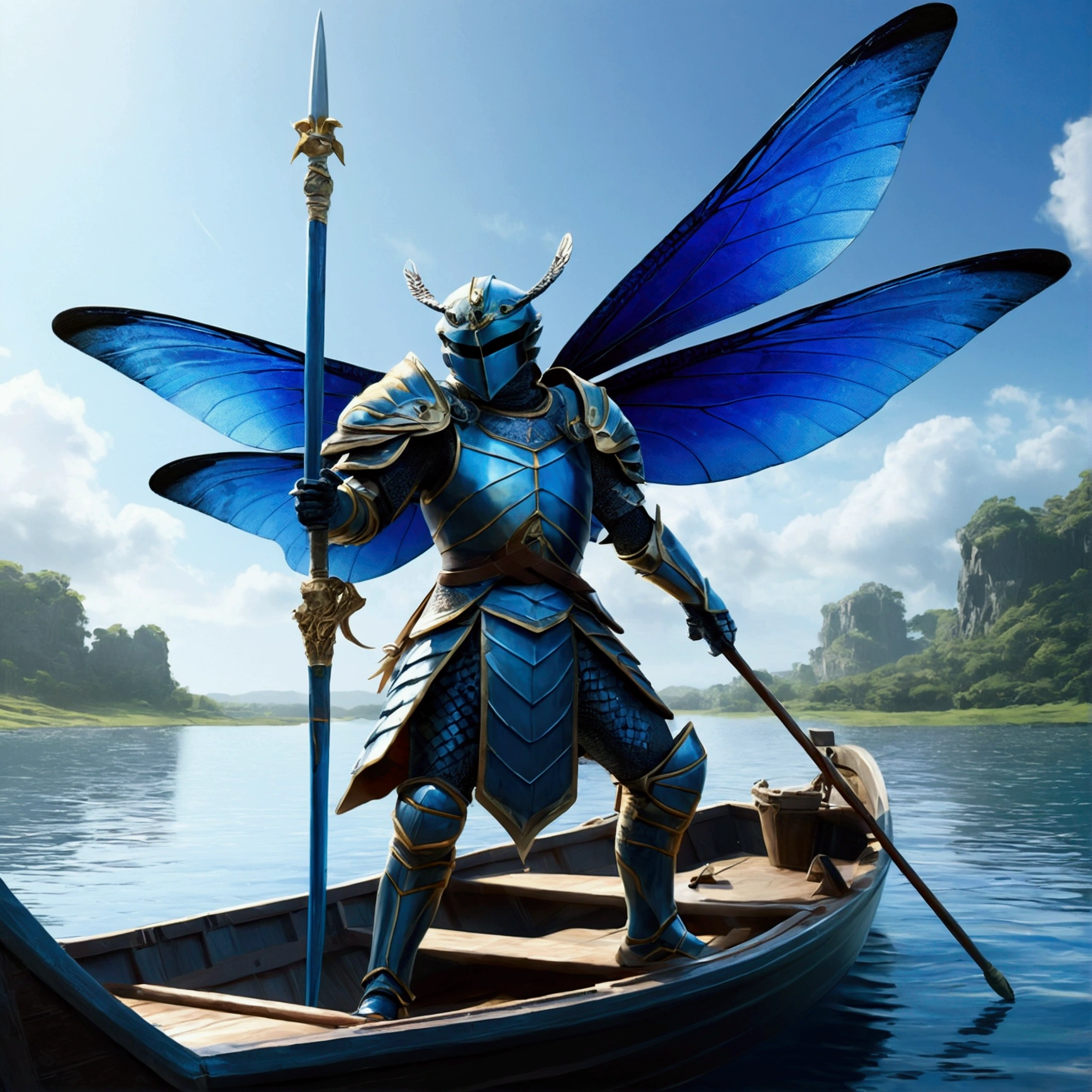 a distant view of a blue dragonfly-winged knight, who jumped on a boat holding a flag with its pointed tip, blue with a picture of a blue tiger, anime fantasy artwork 2.5 d cgi, Highly detailed fantasy art, detailed fantasy digital art, detailed digital 2d fantasy art, anime fantasy artwork, digital epic fantasy art style, detailed fantasy art, anime fantasy illustration, high quality fantasy art, HD epic fantasy art style, behance fantasy art