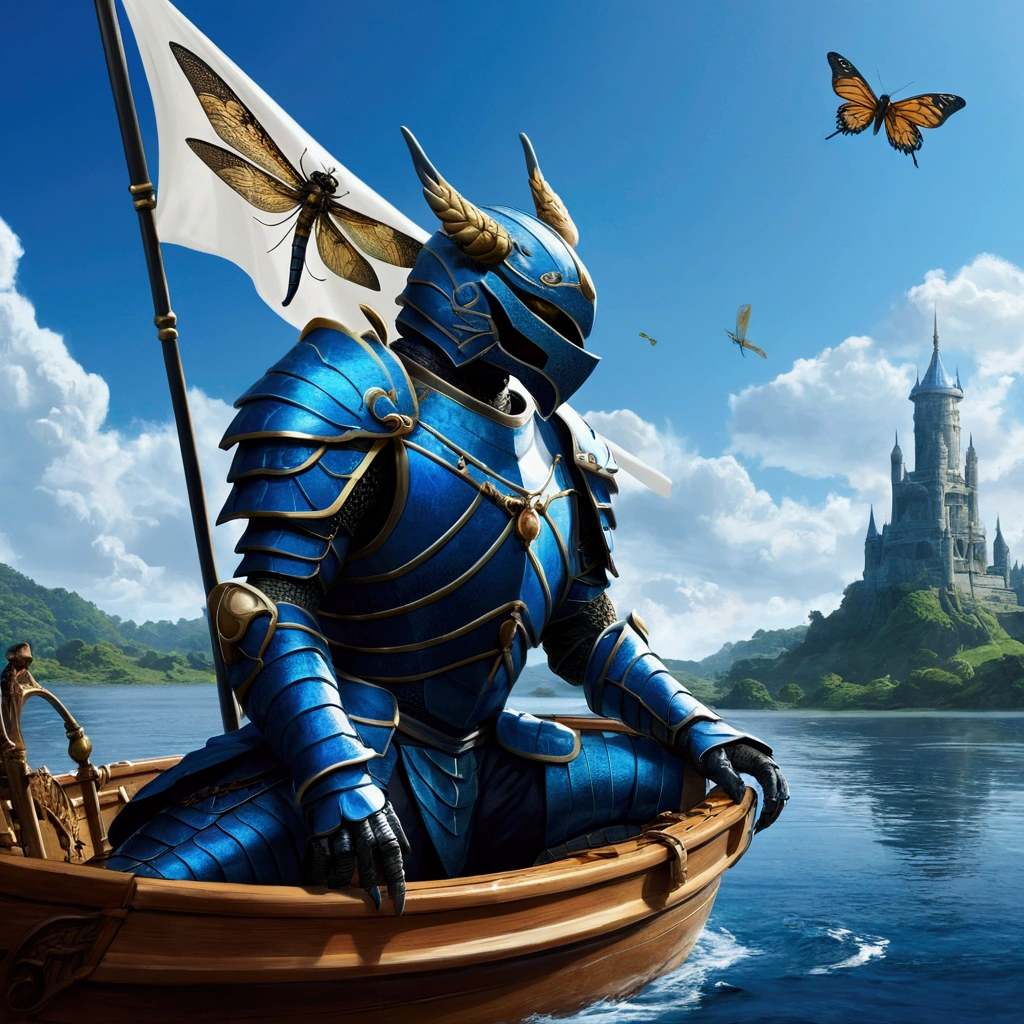 a distant view of a blue dragonfly-winged knight, who jumped on a boat holding a flag with its pointed tip, blue with a picture of a blue tiger, anime fantasy artwork 2.5 d cgi, Highly detailed fantasy art, detailed fantasy digital art, detailed digital 2d fantasy art, anime fantasy artwork, digital epic fantasy art style, detailed fantasy art, anime fantasy illustration, high quality fantasy art, HD epic fantasy art style, behance fantasy art
