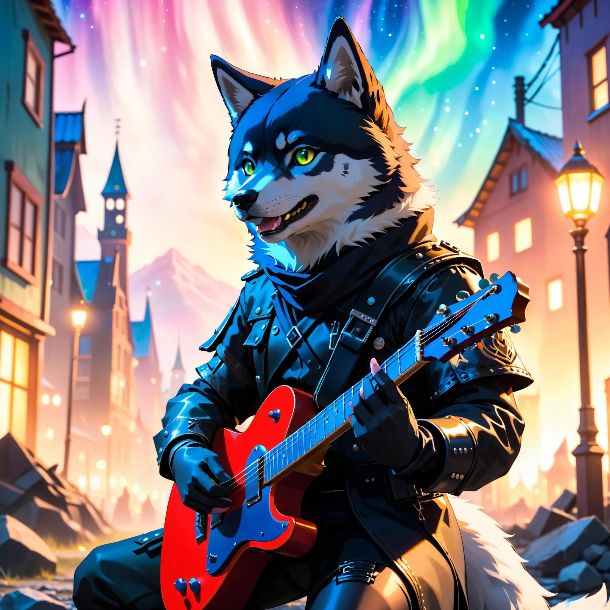 ethereal fantasy concept art of  (Highest Quality, 4k, masterpiece:1.1), (realism, photorealistic:1.4), ray traced, hyper realism, soft lighting, detailed background, film grain, (detailed fur texture:1.3),
BREAK
((black metal)) anthro shiba inu plays his guitar on the last day on earth ,(wearing black metal outfit),(( post-apocalyptic destroyed dieselpunk city background)) , fangs , angry, paws,(new dawn), (aurora borealis) , closeup, high quality photography, 3 point lighting, flash with softbox, 4k, Canon EOS R3, hdr, smooth, sharp focus, high resolution, award winning photo, 80mm, f2.8, bokeh . magnificent, celestial, ethereal, painterly, epic, majestic, magical, fantasy art, cover art, dreamy