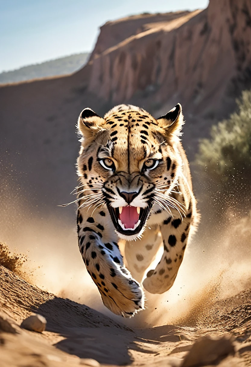 Realistic photos, RAW Photos, Cheetah attacks viewer, Powerful Movement, Pounce on prey, ((Dynamic jump)), Sharp Claws, A cheetah approaching from above, Sudden Approach, hard to please, Dynamic shots from the ground