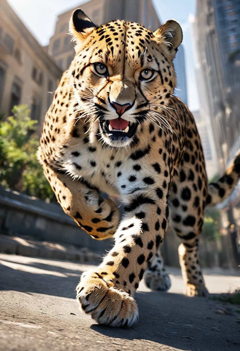 Realistic photos, RAW Photos, Cheetah attacks viewer, Powerful Movement, Pounce on prey, ((Dynamic jump)), Sharp Claws, A cheetah approaching from above, Sudden Approach, hard to please, Dynamic shots from the ground