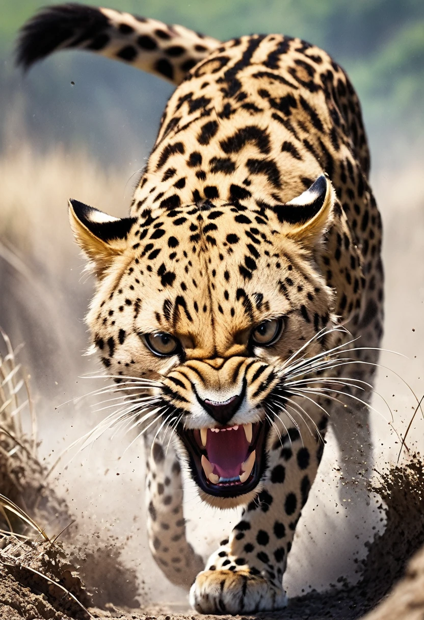 Realistic photos, RAW Photos, Cheetah attacks viewer, Powerful Movement, Pounce on prey, ((Dynamic jump)), Sharp Claws, A cheetah approaching from above, Sudden Approach, hard to please, Dynamic shots from the ground