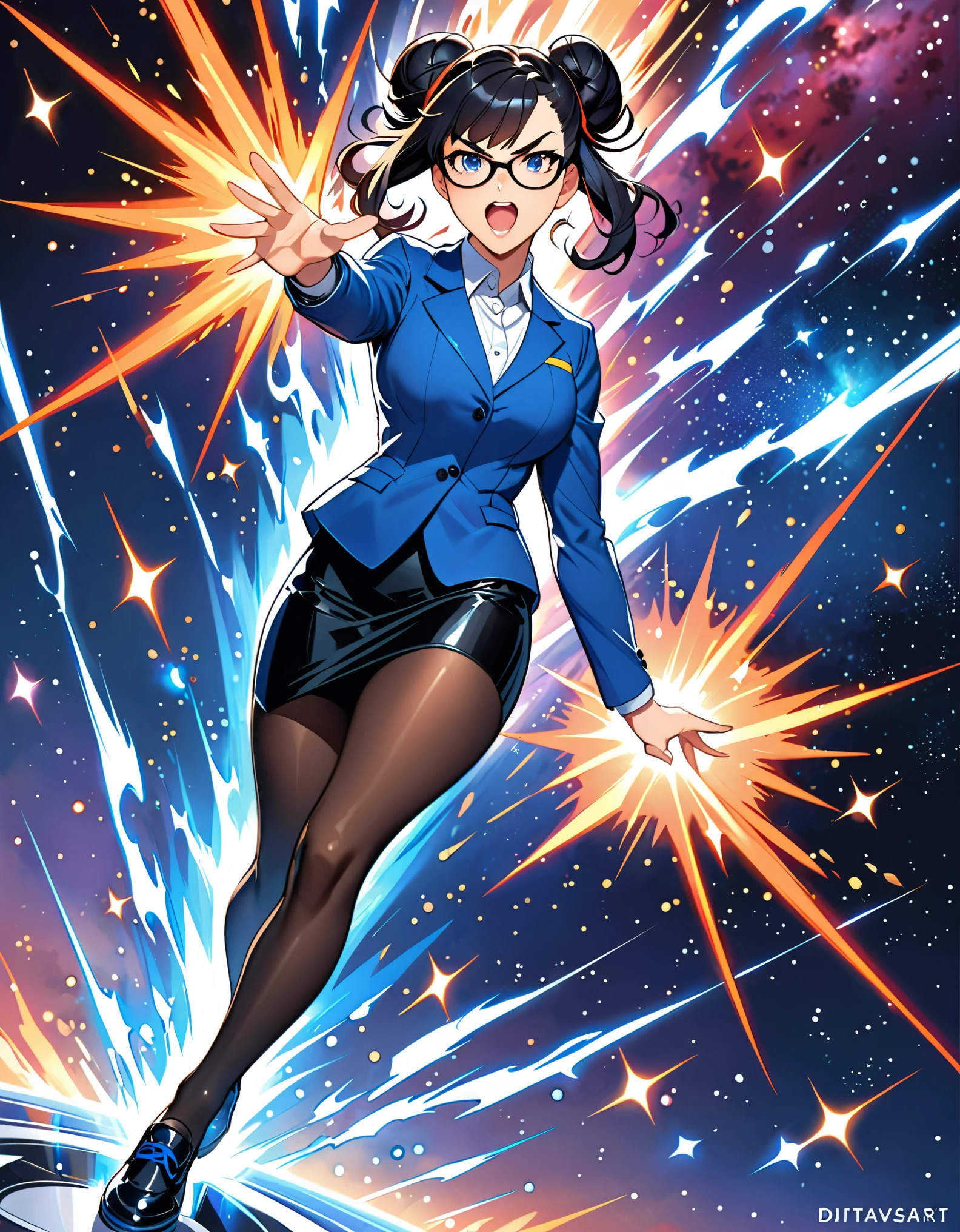 anime girl in a blue suit standing in space with legs together, extremely detailed artgerm, style artgerm, style ivan talavera and artgerm, krenz cushart and artgerm, range murata and artgerm, artgerm style, in the style artgerm, ig model | artgerm, artgerm detailed, black hair, long hair, medium hair, blue eyes, solo, solo focus, hair bun, glasses teacher, pencil skirt, full black pantyhose, matching shoes, energy pulse, aura in her body, power surge, diffraction spikes, light particles