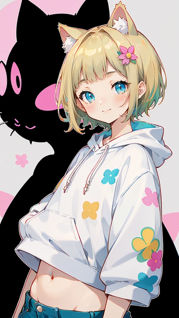 Short sleeve、Denim shorts、Belly button、Blonde Hair、ピンク色のShort sleeveパーカー、大きなFlower Hair Ornaments、Belly button、An unprecedented number of draws、Flower Hair Ornaments、Floral Hair Accessories、Blonde、Cat ear、ピンク色のShort sleeveパーカー、high quality、Colorful color palette、high resolution、pretty girl、 Pink hoodie、An unprecedented number of draws、Anime Style、Geometric background、Sticker Style、short hair、Blonde、Turquoise Eyes, Messy Hair, Pink hoodie、髪と同じ色のCat ear、front, Hands posing, Until death, Bondage, Baggy clothes